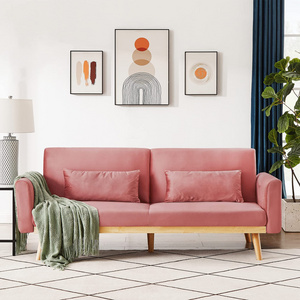 Pink Velvet Futon Sofa Bed: Wooden Frame, Convertible Daybed Loveseat with Upholstered Recliner and Pillow