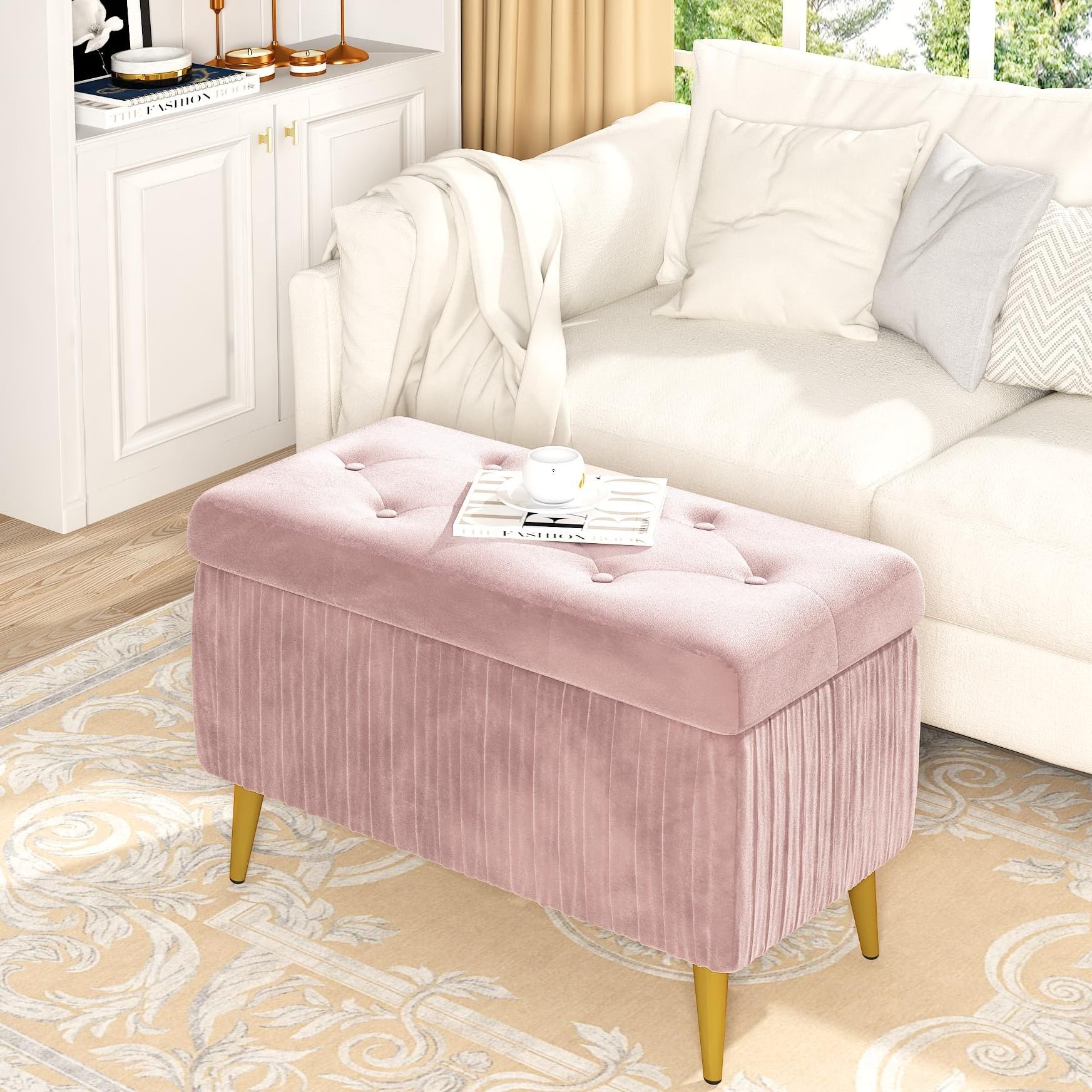 Wholesale Small Stool Tufted Upholstered Velvet Ottoman Stool with Storage Flip Top Bedroom Bench