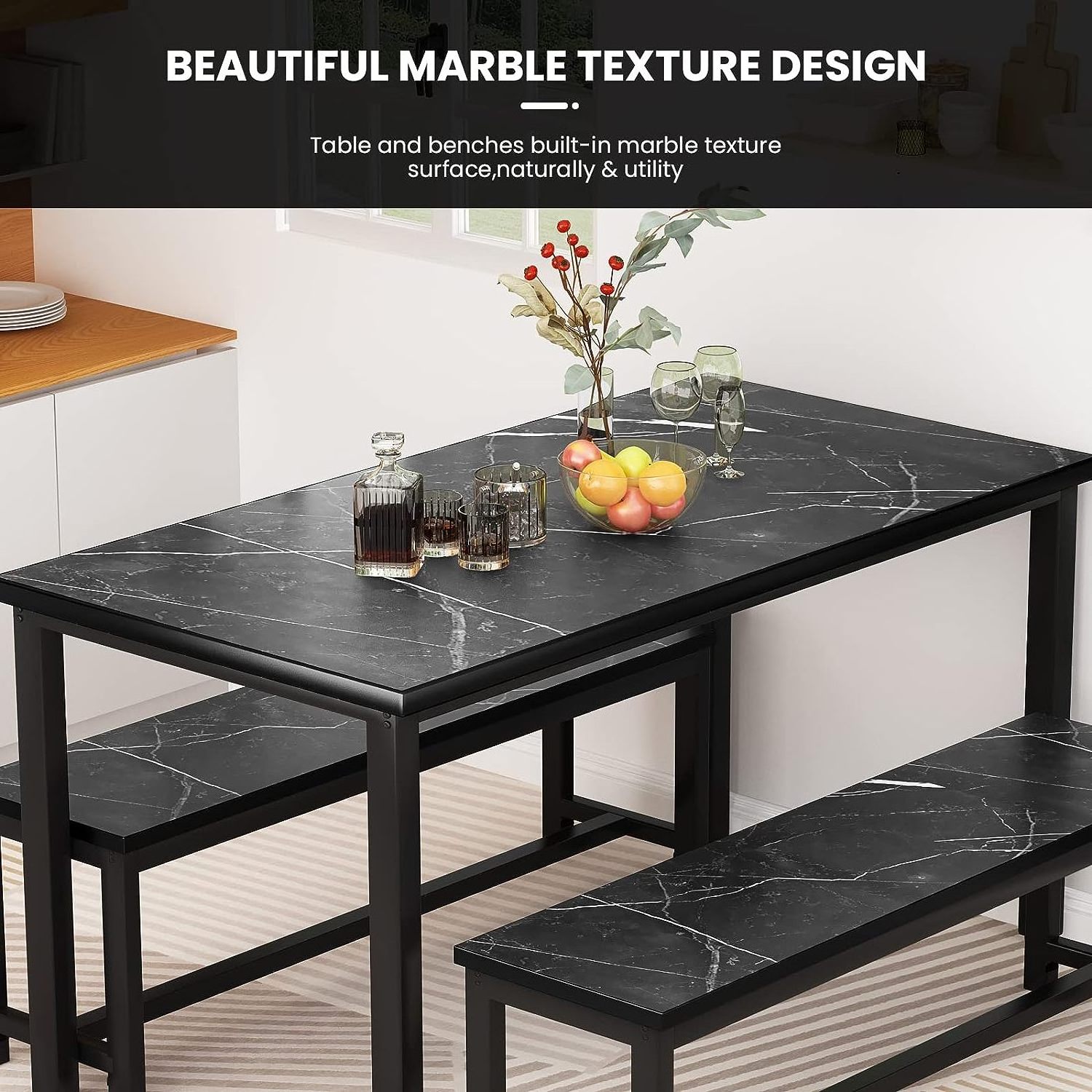 New Arrival with 2 Benches Classic Black Marble Dining Table and Benches Set for 4-6 Luxury Marble Benches Dining Table Set