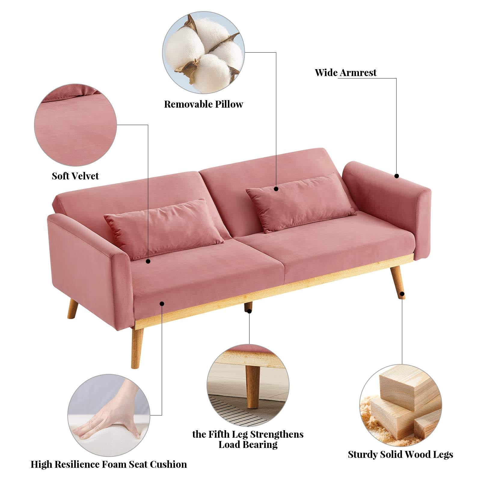 Pink Velvet Futon Sofa Bed: Wooden Frame, Convertible Daybed Loveseat with Upholstered Recliner and Pillow