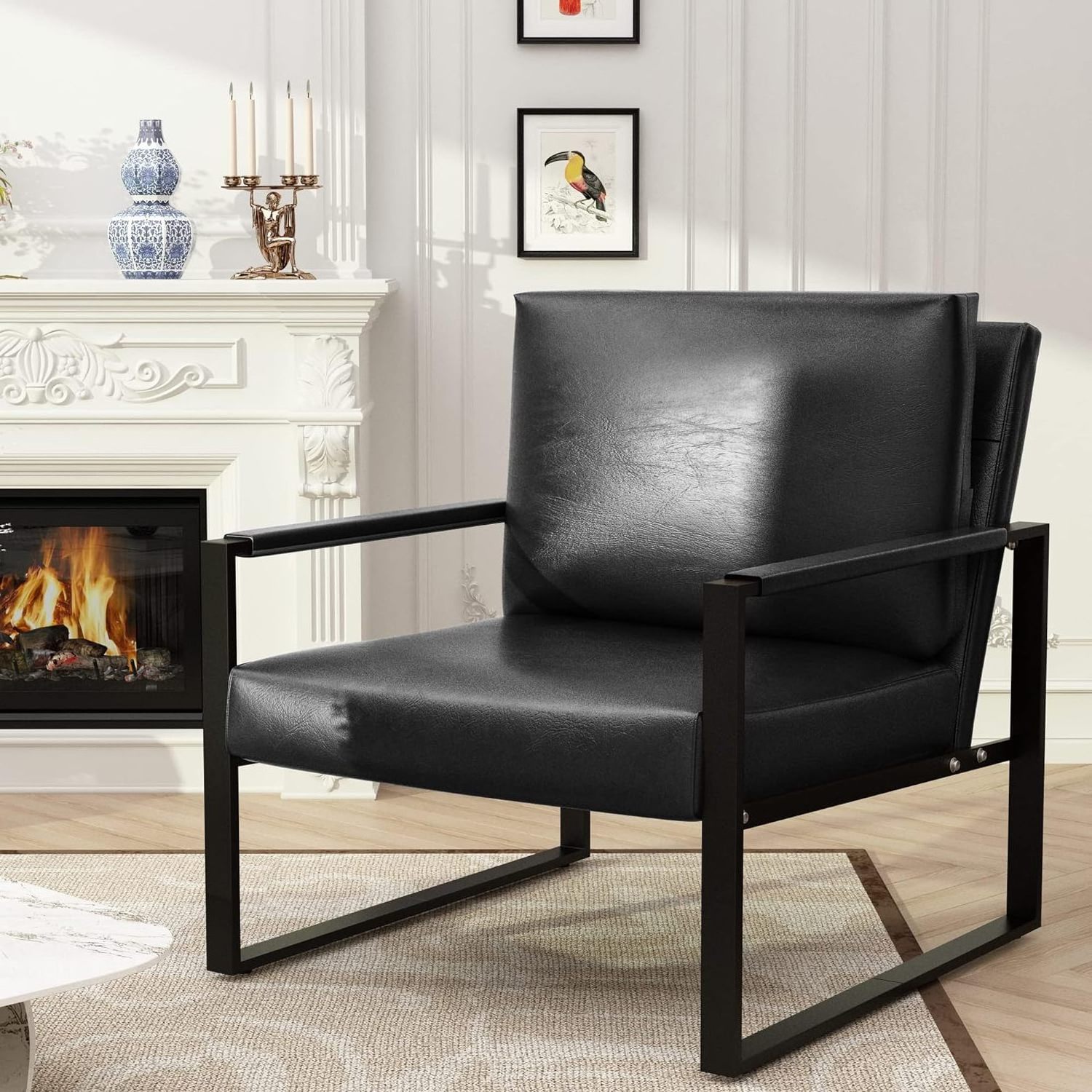 Home Furniture Black Faux Leather and Metal Frame Sofa Couch Single Seat Accent Chair for Living Room Small Space Armchair