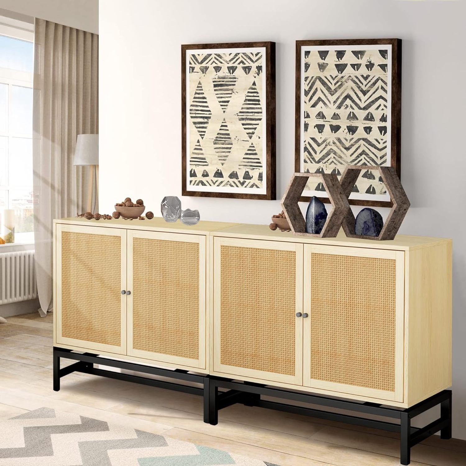 Livig Room Cabinet with 2 Storage and Rattan Doors Sideboard with Adjustable Shelf Console Table for Dining Room End Cabinet