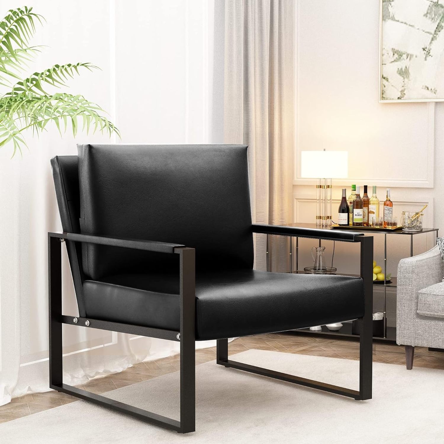 Home Furniture Black Faux Leather and Metal Frame Sofa Couch Single Seat Accent Chair for Living Room Small Space Armchair