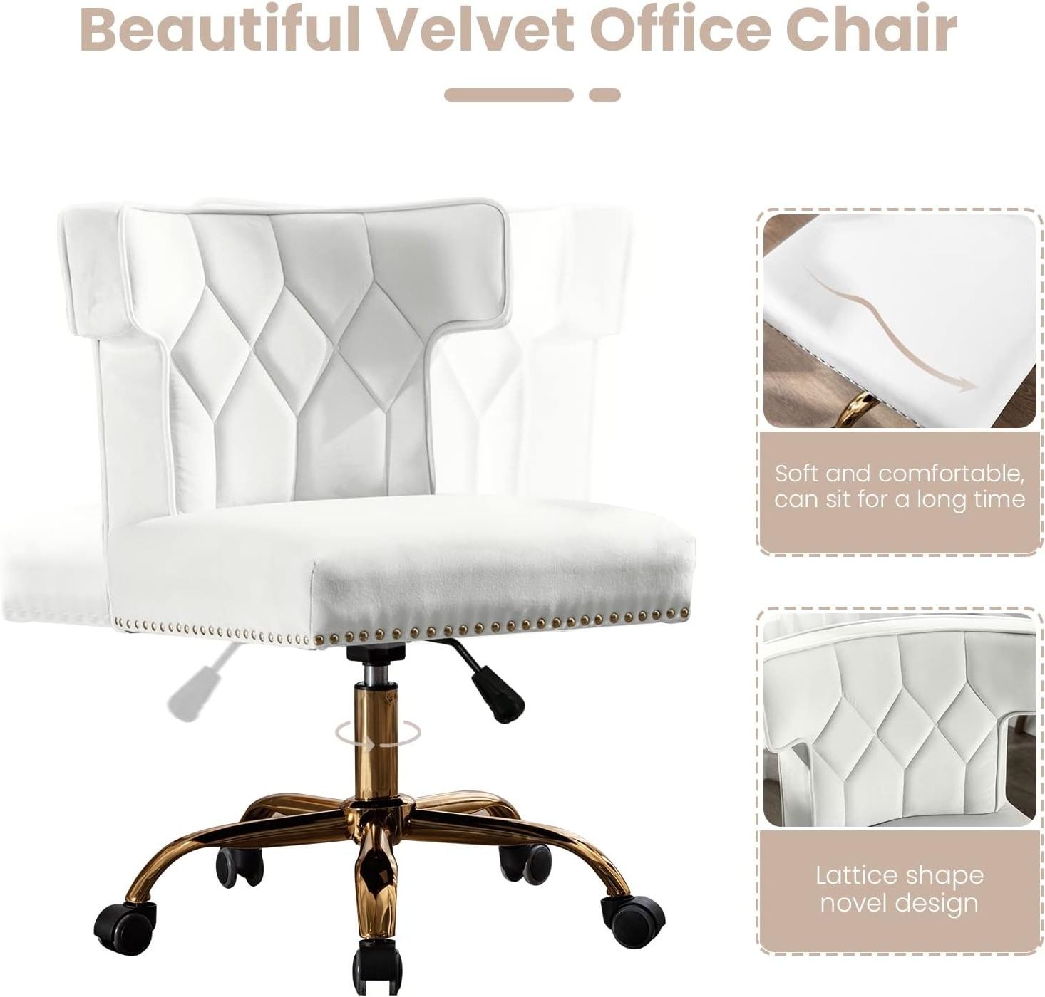 Wholesale White Modern Adjustable Gold Wheel Swivel Desk Chairs Velvet Home Office Chair with High Back 360 Degree Castor