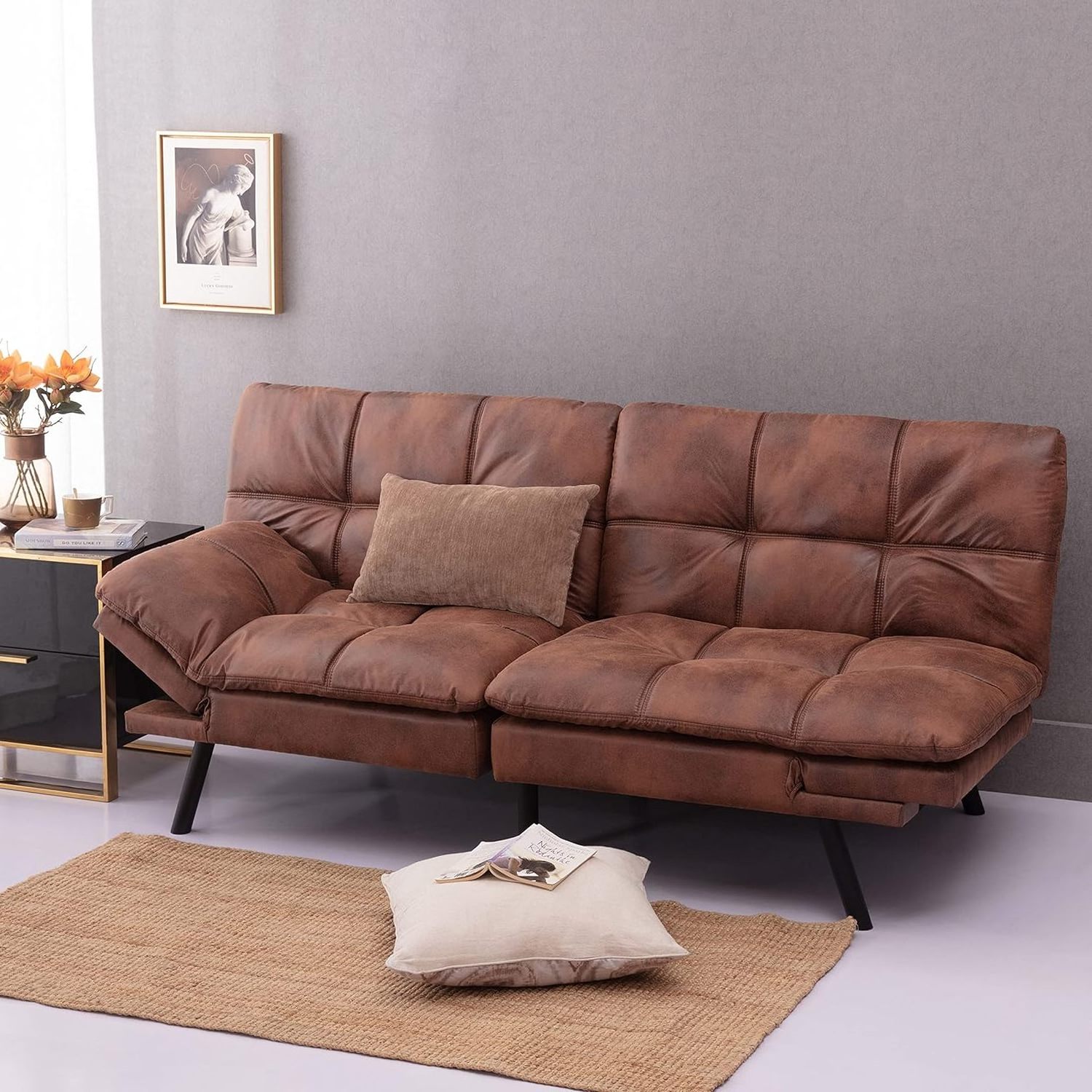 3 Angles Adjustable Tufted Futon Faux Leather Sleeper Sofabed Living Room Loveseat Couch Cum Bed Convertible Leather Sofa Bed