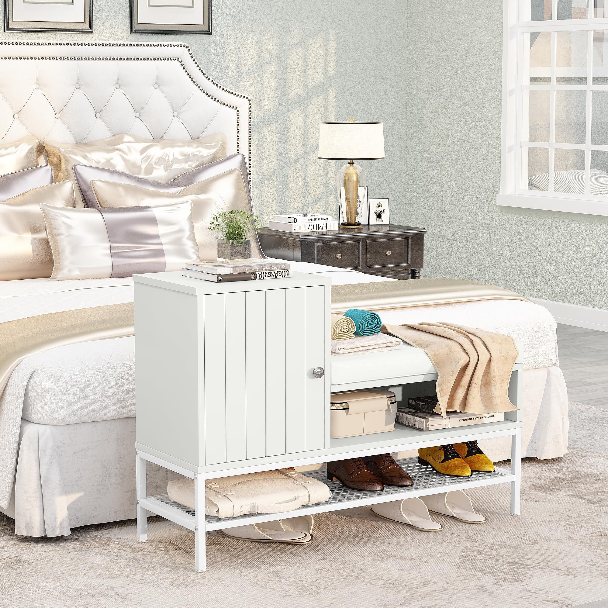 Wholesale White Shoe Bench Wooden Entryway Bench with Removable Padded Cushion and Cabinet Storage Bench Organizer for Hallway