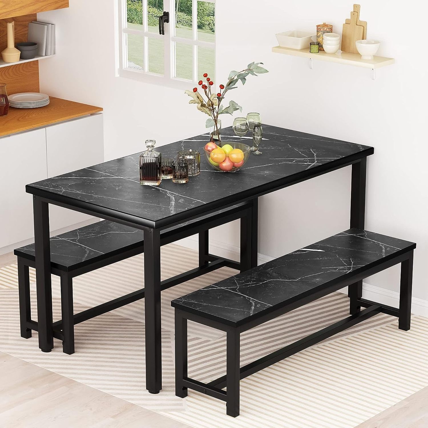 New Arrival with 2 Benches Classic Black Marble Dining Table and Benches Set for 4-6 Luxury Marble Benches Dining Table Set