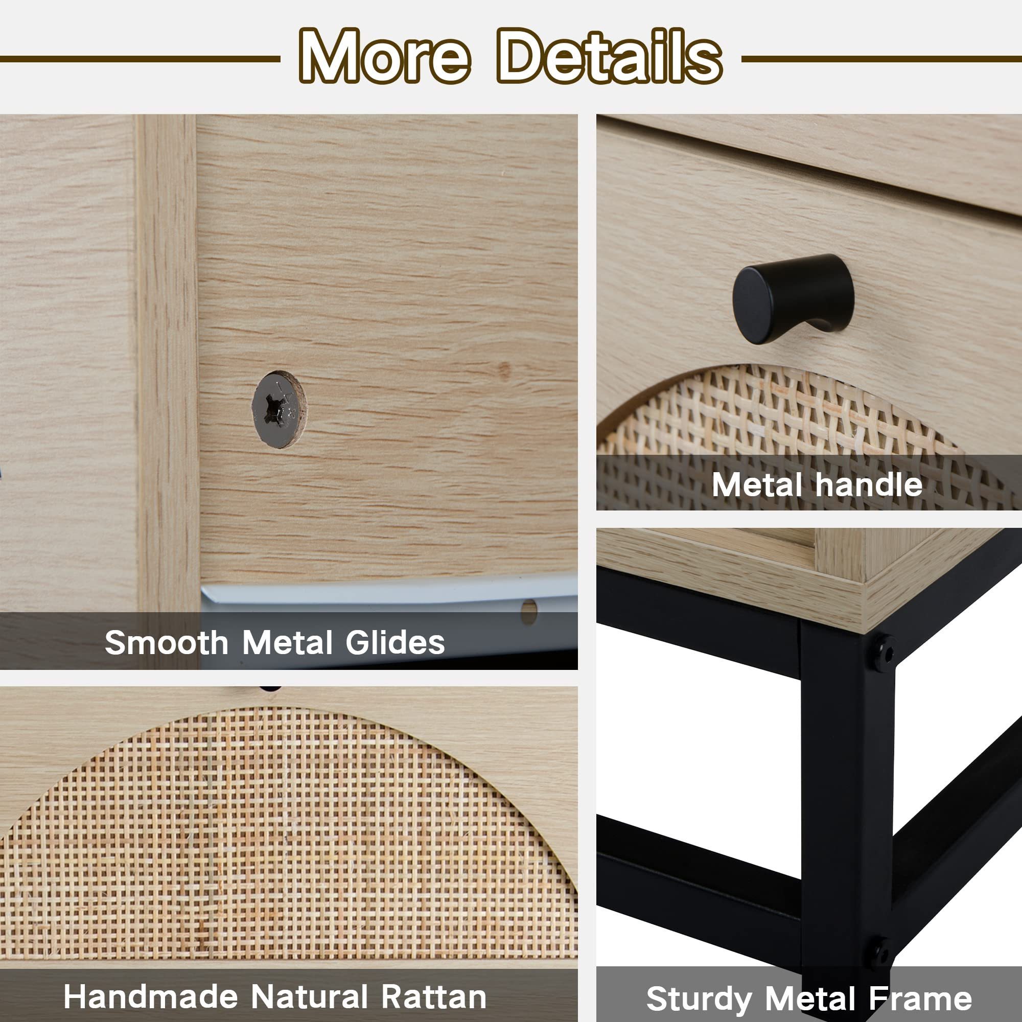 Tall Drawer Dresser Natural Rattan 4 Chest of Dressers with Metal Legs Cabinet Storage Tower for Bedroom Living Room