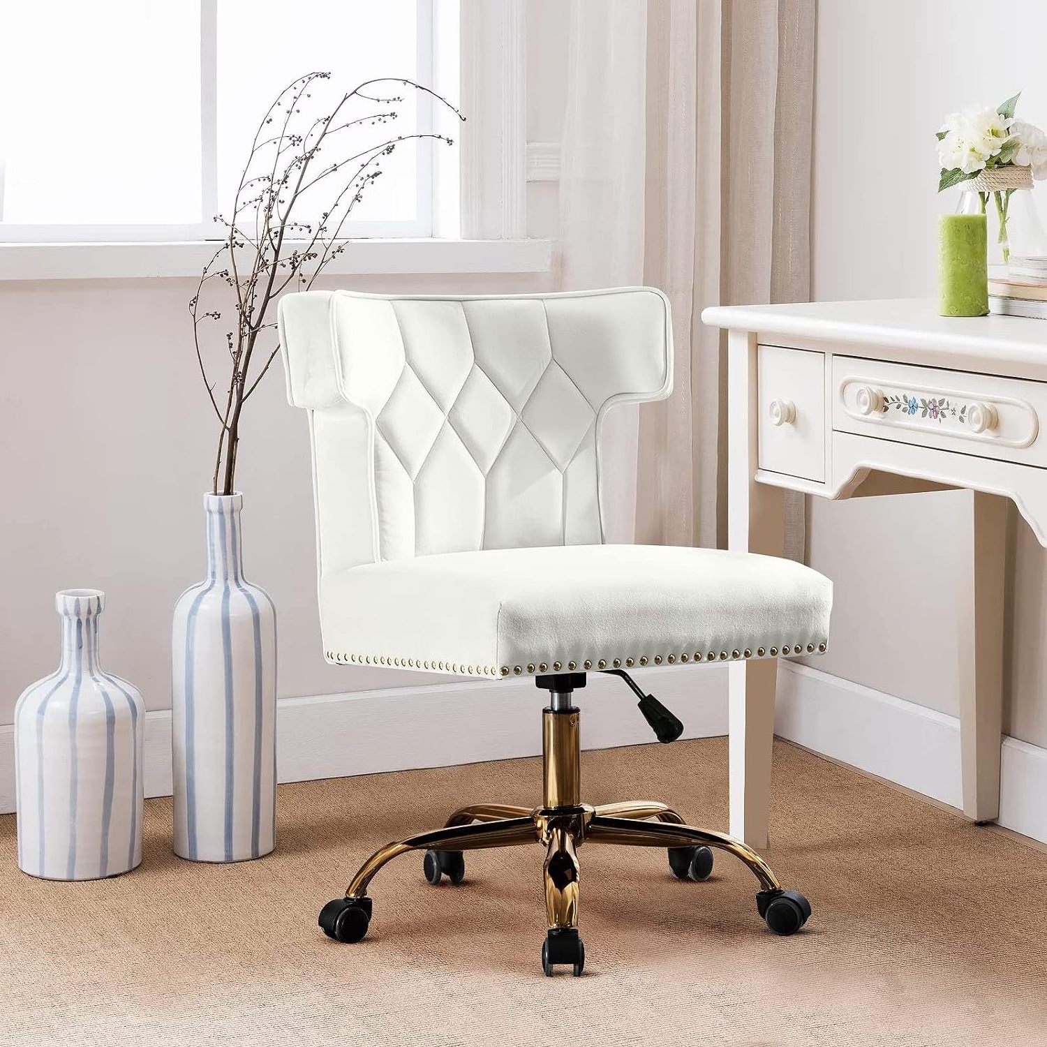 Wholesale White Modern Adjustable Gold Wheel Swivel Desk Chairs Velvet Home Office Chair with High Back 360 Degree Castor