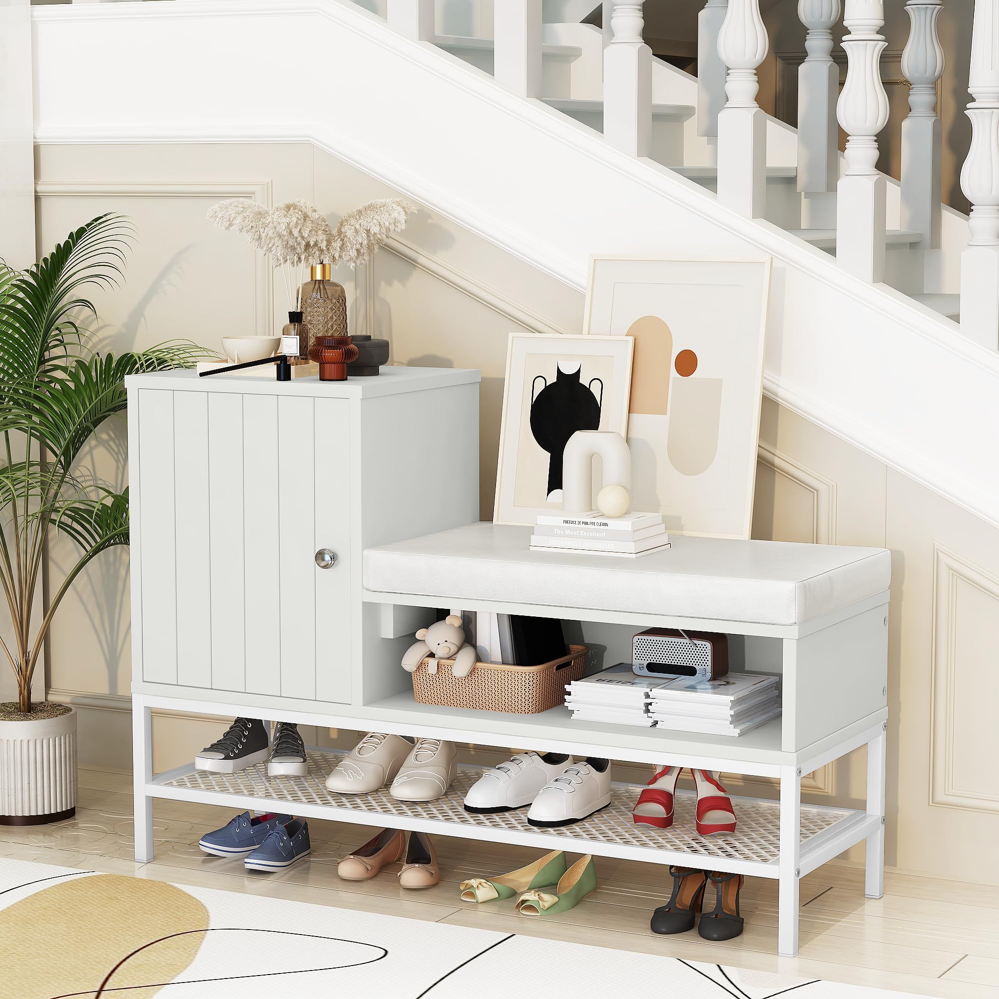 Wholesale White Shoe Bench Wooden Entryway Bench with Removable Padded Cushion and Cabinet Storage Bench Organizer for Hallway