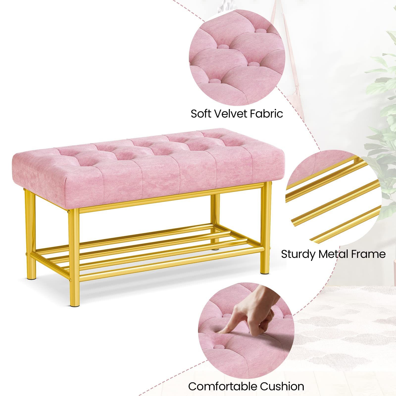 Modern Small Size Entry Velvet Stools Bench With Shoe Rack Metal Frame Upholstered Ottoman Button-Tufted Velvet Shoe Bench