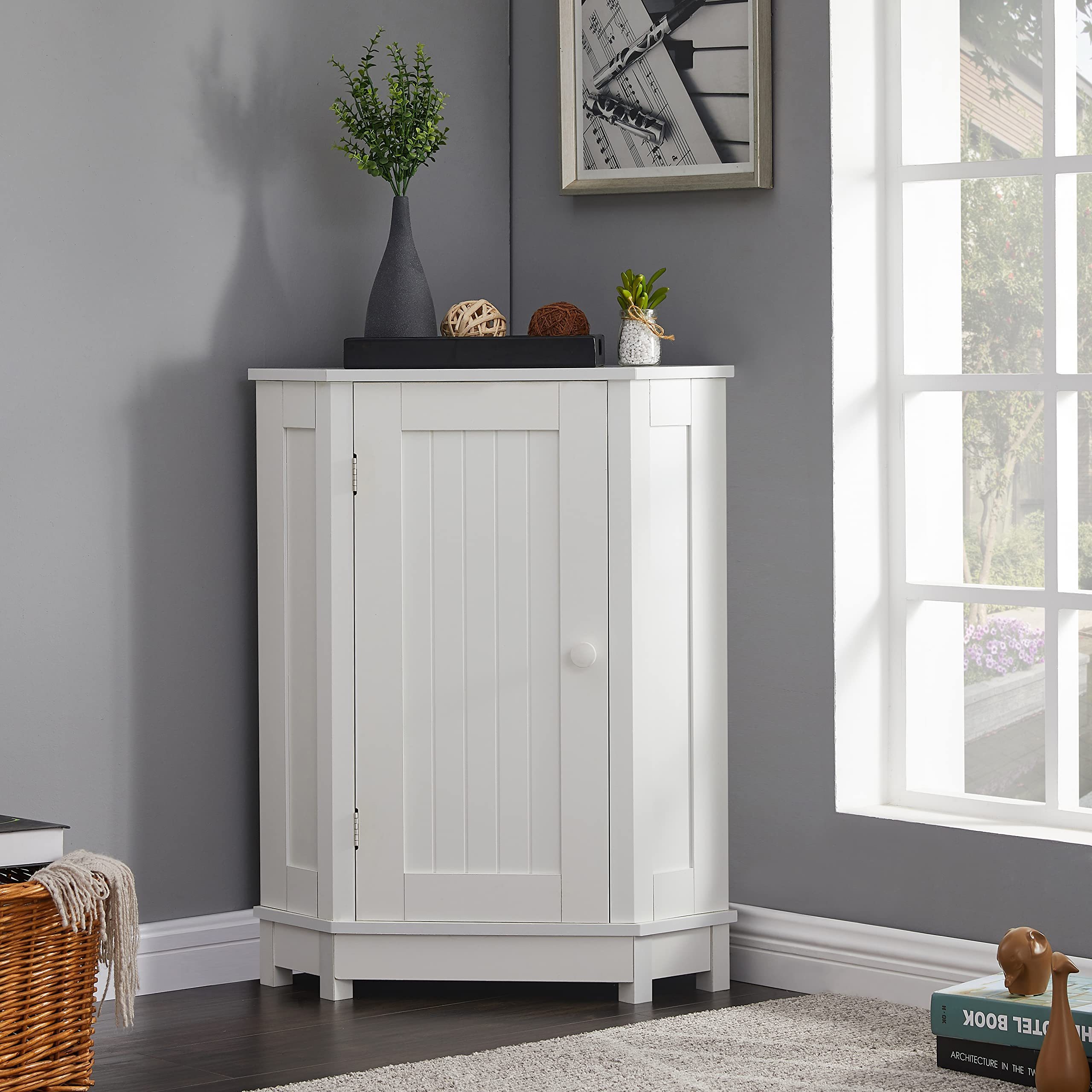 Wholesale Dining Room Corner Cabinet Triangle Storage Cabinets with Doors and Shelves for Small Space - White