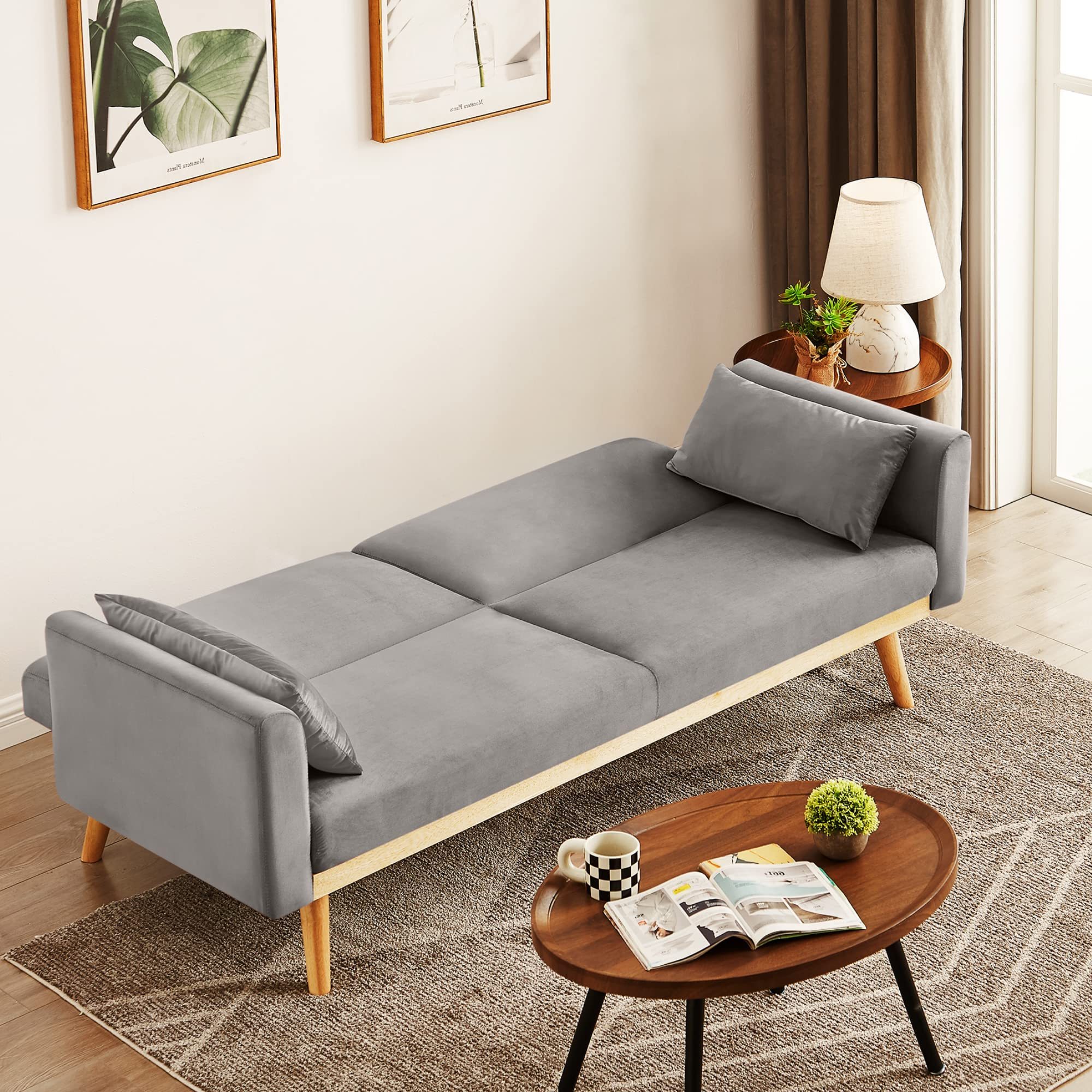 Modern Velvet Futon Sofa Bed, Upholstered Daybed Convertible Folding Loveseat Recliner with Pillow and Wooden Frame, Gray