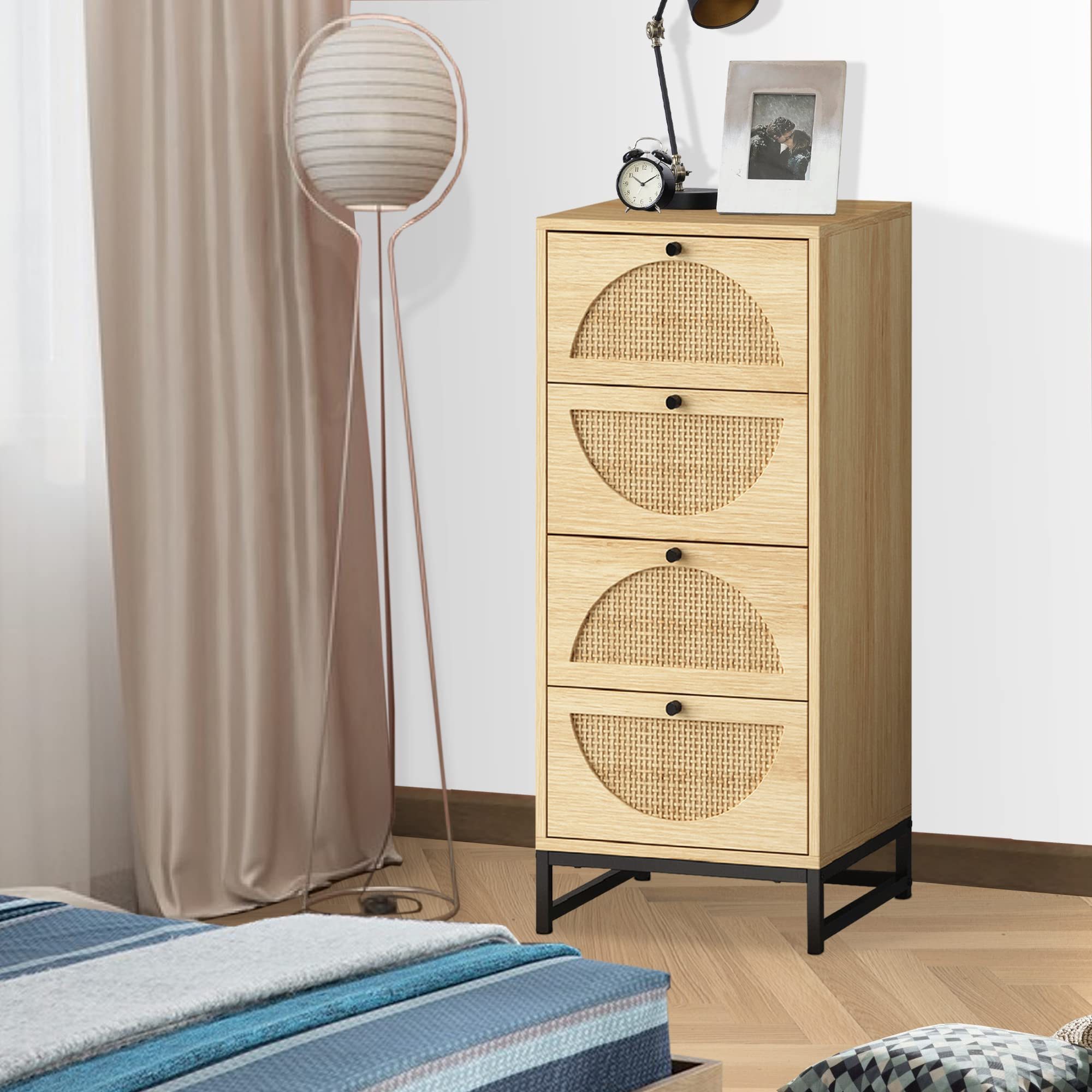 Tall Drawer Dresser Natural Rattan 4 Chest of Dressers with Metal Legs Cabinet Storage Tower for Bedroom Living Room