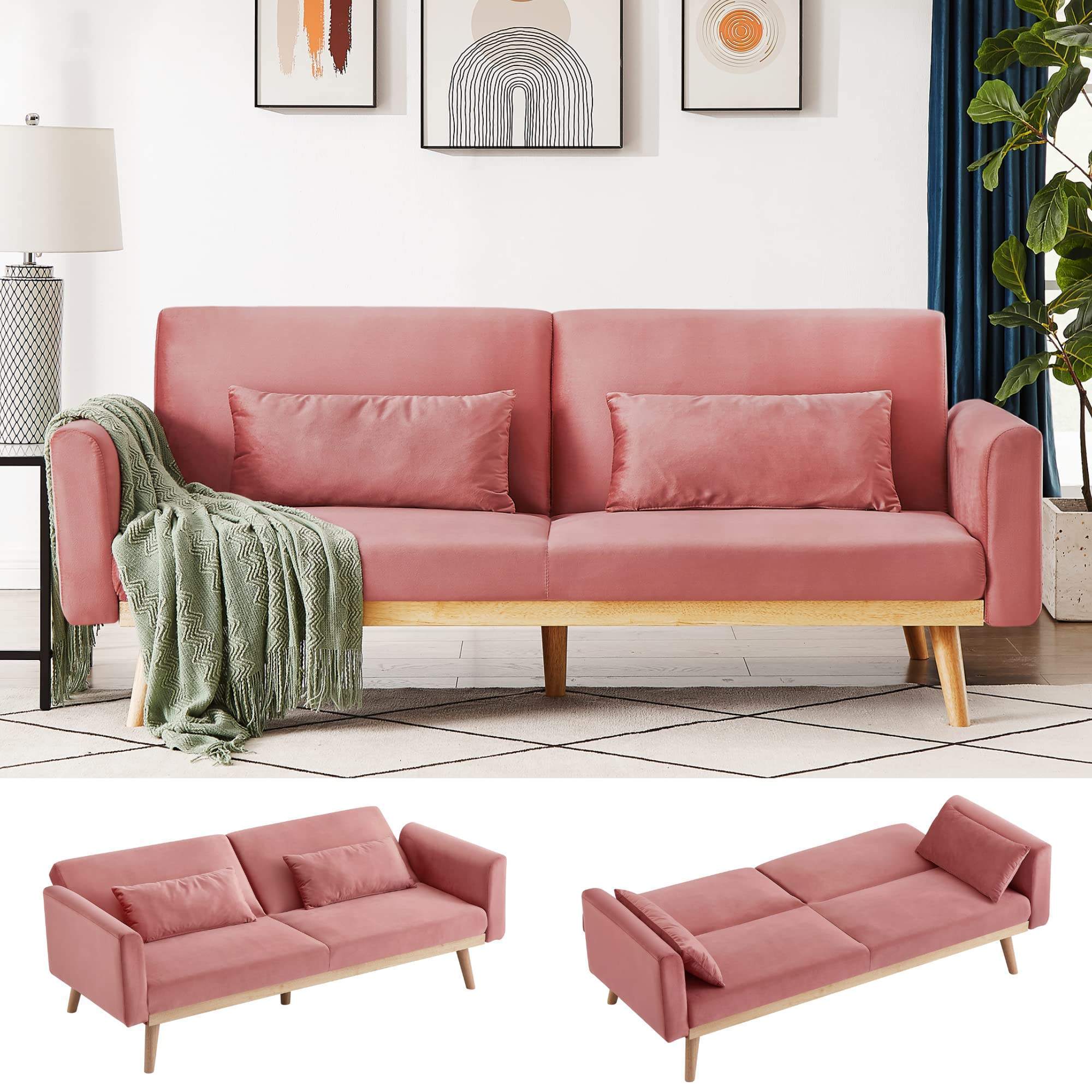 Pink Velvet Futon Sofa Bed: Wooden Frame, Convertible Daybed Loveseat with Upholstered Recliner and Pillow