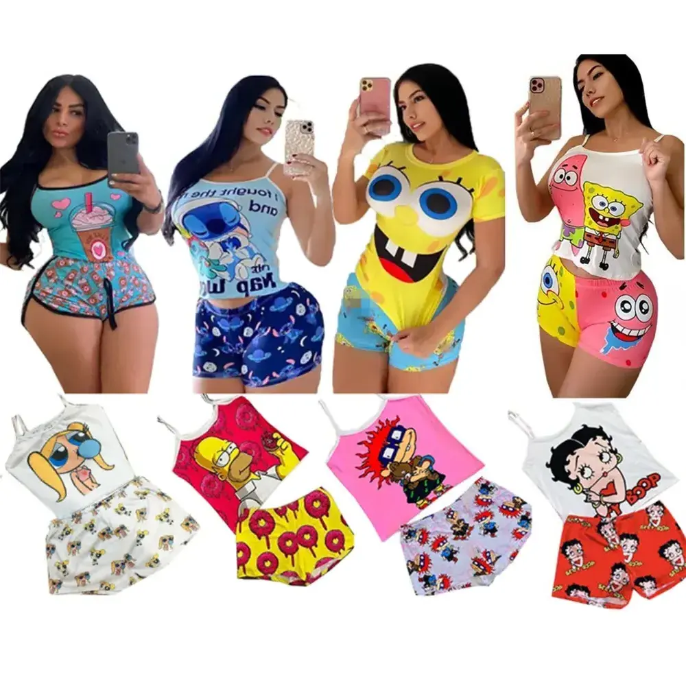 China Wholesale 43%off Summer 2024 Tank Top Custom Cartoon  Two Piece Short Pajama Set sleepwear ladies