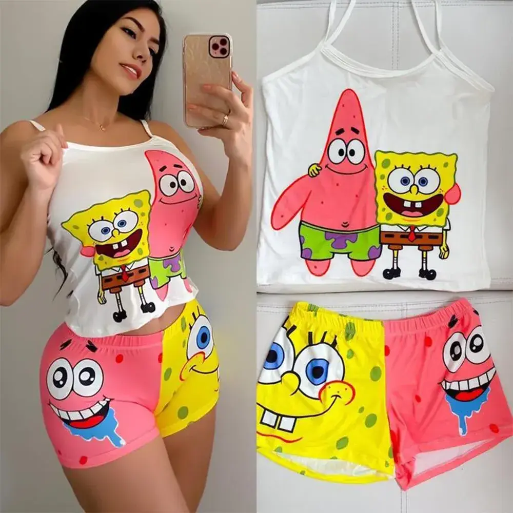 China Wholesale 43%off Summer 2024 Tank Top Custom Cartoon  Two Piece Short Pajama Set sleepwear ladies