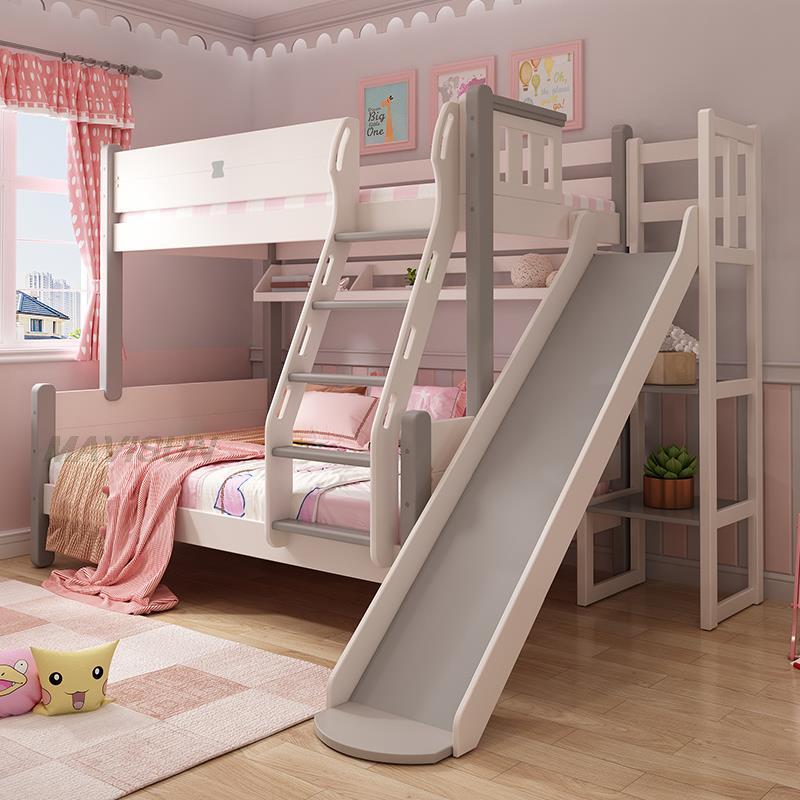 Nordic Style Small Apartment Children Beds Solid Wood Slide Multifunctional Bunk Bed Princess Up Down Beliche Bedroom Furniture