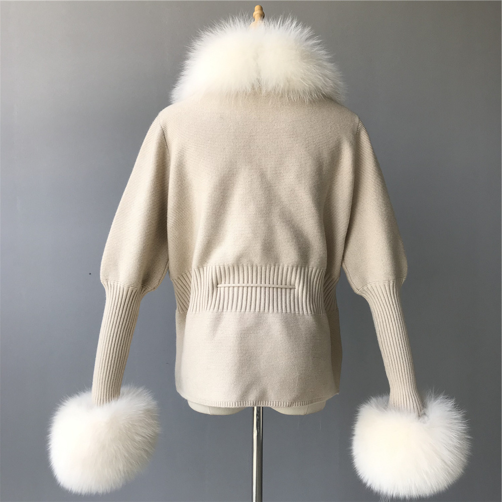 Fashion Puff Sleeves Luxury Fluffy Fur Cuffs Women Soft Cashmere Wool Knitted Sweater Real Fox Fur Cardigan Custom Knit Sweater