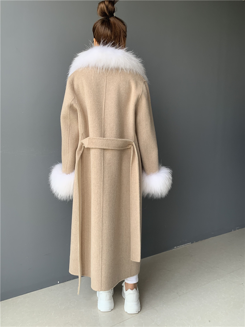 Wholesale Removable Real Fur Cuffs and Collar Long Cashmere and Wool Coat Women Alpaca Wool Coat for Lady