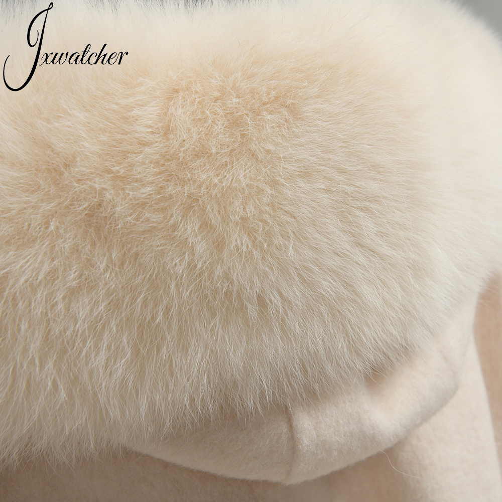 Fashion Solid Color Wholesale Loose Fall Winter Cashmere Fur Coat Belted Women Double Faced Hooded Wool Cashmere Coats with Fur