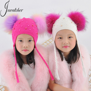 New Design Custom Real Fur Two Balls Winter Baby Knit Hat Kids Big Real Fur Pom Pom Winter Braid Beanie Pearl Children Fur Hat