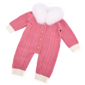 Wholesale Real Fur Collar Cable Rib Knitted Winter Baby Boys' Clothes Crochet Romper Newborn Cotton Knitted Baby Clothes