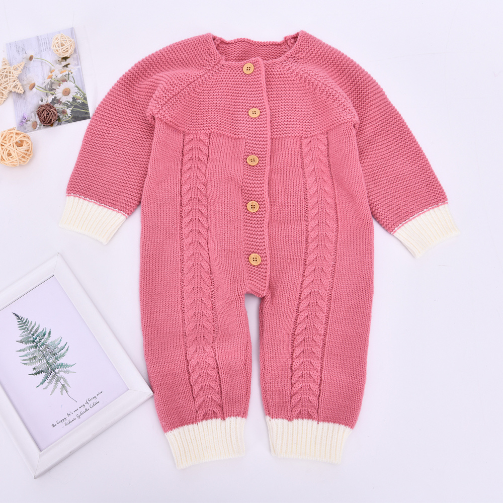 Wholesale Real Fur Collar Cable Rib Knitted Winter Baby Boys' Clothes Crochet Romper Newborn Cotton Knitted Baby Clothes