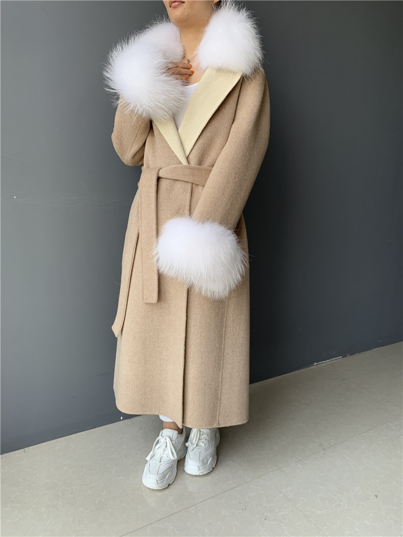 Wholesale Removable Real Fur Cuffs and Collar Long Cashmere and Wool Coat Women Alpaca Wool Coat for Lady