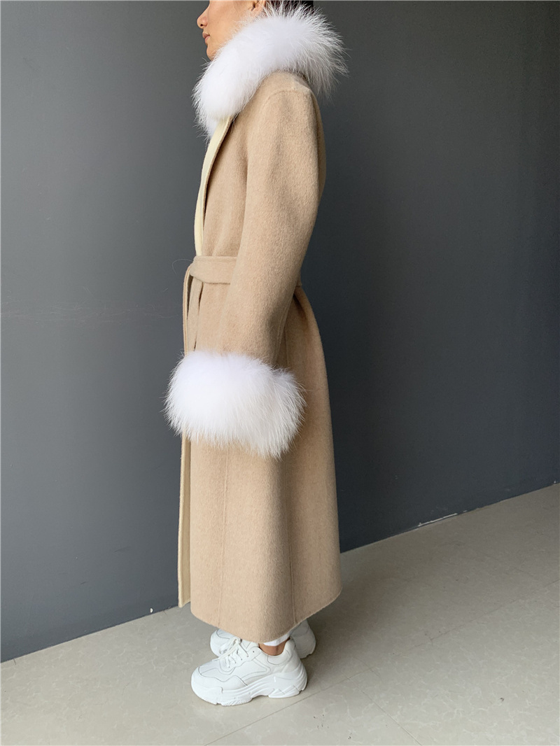 Wholesale Removable Real Fur Cuffs and Collar Long Cashmere and Wool Coat Women Alpaca Wool Coat for Lady