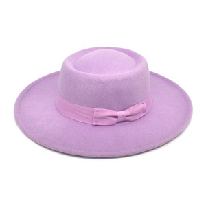 Handmade Vintage Elegant Fedora Hats for Women Australian Wool Hard Flat Wide Brim Wool Felt Flat Top Fedora Wholesale Hats