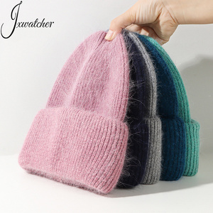 Wholesale Oem Custom Skully Warm Unisex Cuffed Striped Soft Luxury Cable Blank Long Angora Knit Winter Fuzzy Beanie for Women