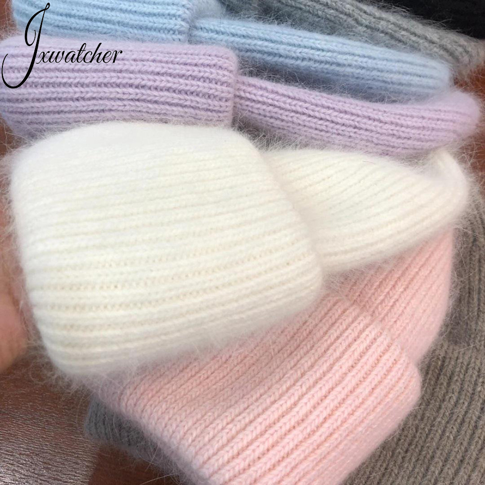 Wholesale Oem Custom Skully Warm Unisex Cuffed Striped Soft Luxury Cable Blank Long Angora Knit Winter Fuzzy Beanie for Women