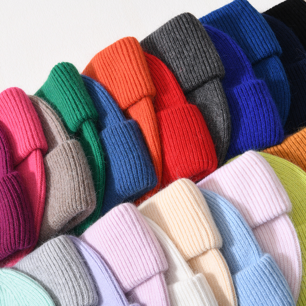 Wholesale Oem Custom Skully Warm Unisex Cuffed Striped Soft Luxury Cable Blank Long Angora Knit Winter Fuzzy Beanie for Women