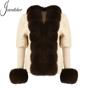 Fashion Puff Sleeves Luxury Fluffy Fur Cuffs Women Soft Cashmere Wool Knitted Sweater Real Fox Fur Cardigan Custom Knit Sweater