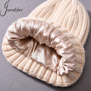 Protect Hair Unisex Cashmere Wool Knit Hat Smooth Satin Lined Beanie Women Men Winter Striped Wholesale Custom Silk Lined Beanie