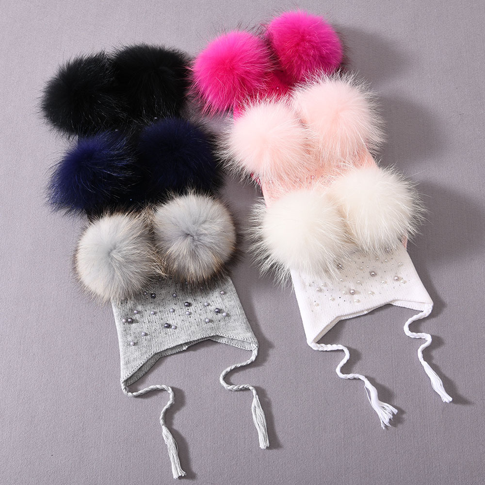 New Design Custom Real Fur Two Balls Winter Baby Knit Hat Kids Big Real Fur Pom Pom Winter Braid Beanie Pearl Children Fur Hat