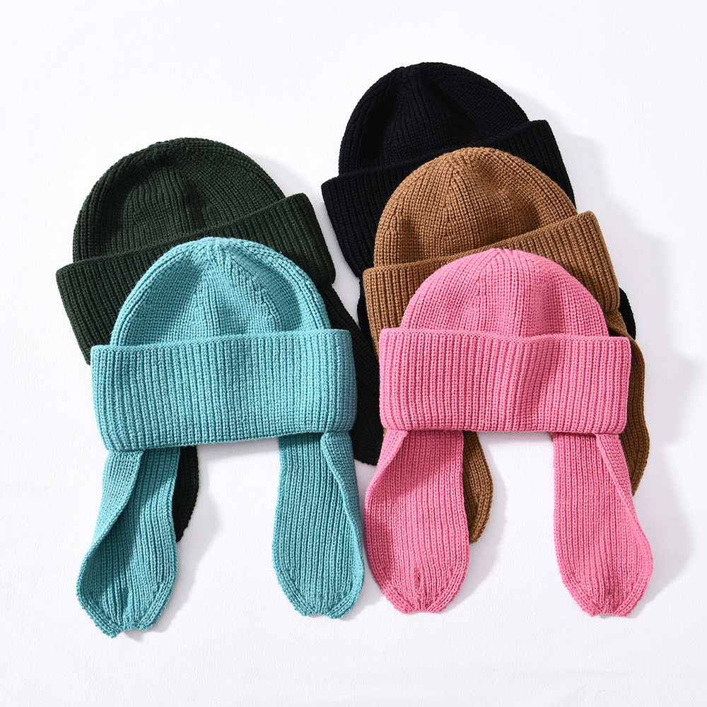 Wholesale Soft Wool Acrylic Knit Hat Skully Outdoor Thick Luxury Earflap Hat Women Winter Floppy Custom Fleece Beanie Ear Flap