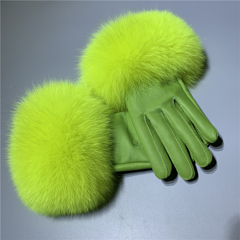 High Quality Fashionable Ladies Wearing Natural Sheep Fur Skin Gloves with Real Fox Fur Genuine Leather Gloves Fur Cuff