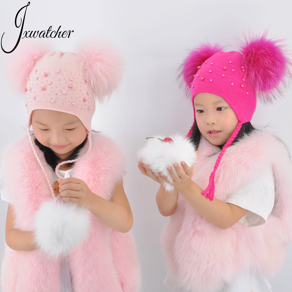 New Design Custom Real Fur Two Balls Winter Baby Knit Hat Kids Big Real Fur Pom Pom Winter Braid Beanie Pearl Children Fur Hat