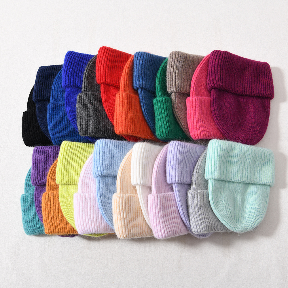 Wholesale Oem Custom Skully Warm Unisex Cuffed Striped Soft Luxury Cable Blank Long Angora Knit Winter Fuzzy Beanie for Women