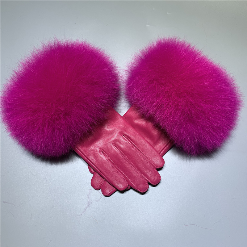 High Quality Fashionable Ladies Wearing Natural Sheep Fur Skin Gloves with Real Fox Fur Genuine Leather Gloves Fur Cuff