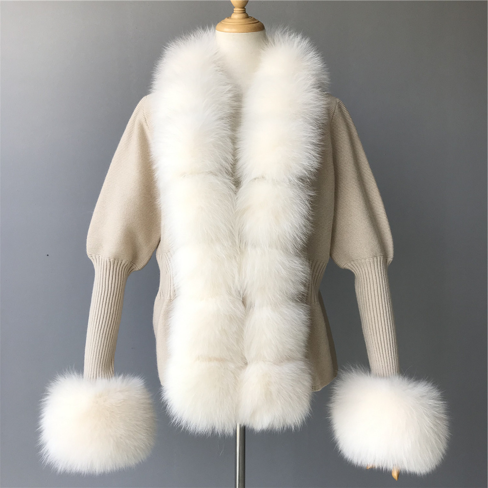 Fashion Puff Sleeves Luxury Fluffy Fur Cuffs Women Soft Cashmere Wool Knitted Sweater Real Fox Fur Cardigan Custom Knit Sweater