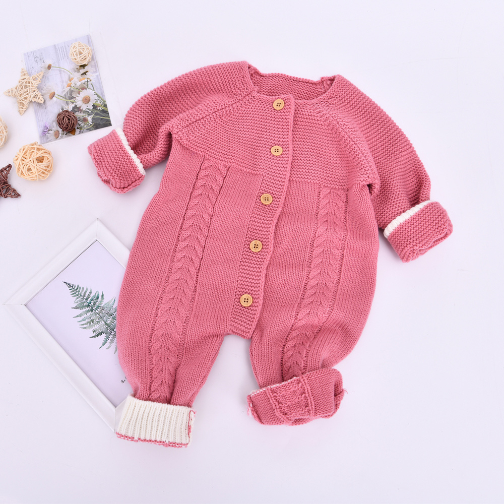 Wholesale Real Fur Collar Cable Rib Knitted Winter Baby Boys' Clothes Crochet Romper Newborn Cotton Knitted Baby Clothes