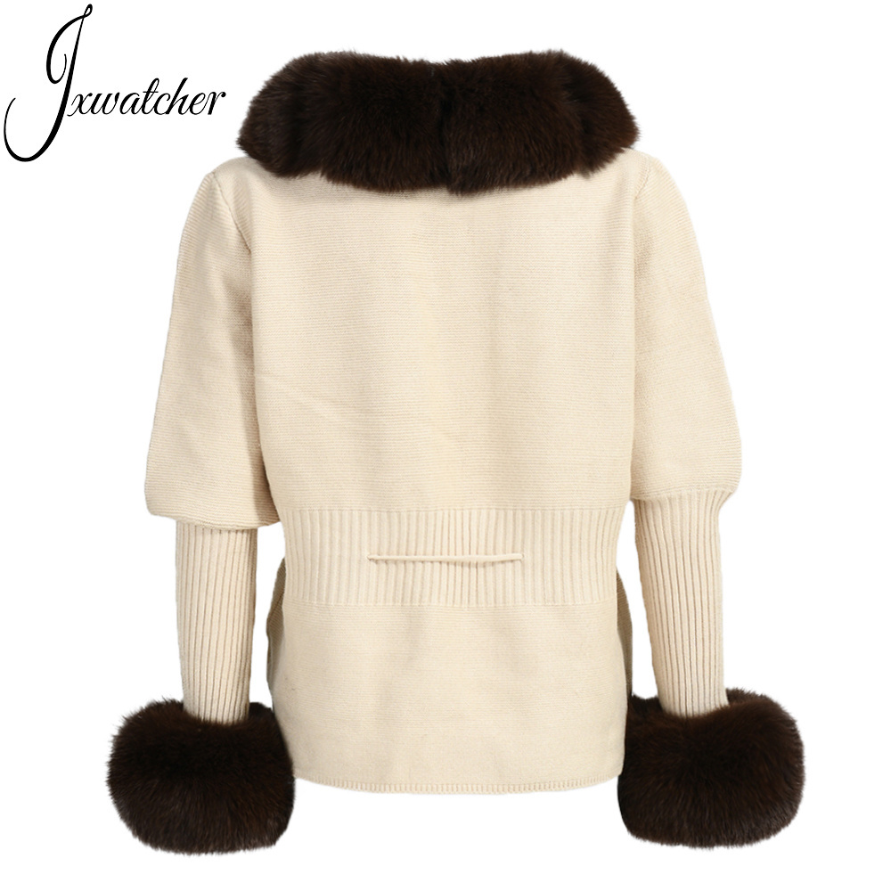 Fashion Puff Sleeves Luxury Fluffy Fur Cuffs Women Soft Cashmere Wool Knitted Sweater Real Fox Fur Cardigan Custom Knit Sweater