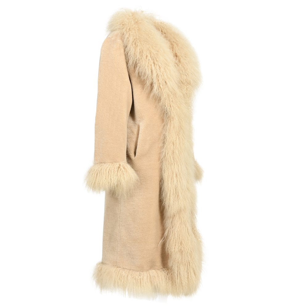 Womens Winter Long Trench Coat Luxury Real Mongolian Lamb Fur Collar Trim Sheep Shearling Women Fur Parka Coat with Fur