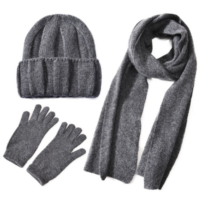 Women Knitted Cashmere Wool Thick Beanie Hats Scarves Gloves Three-Piece Set Ladies Warm Winter Beanie Hats Scarf Gloves Set