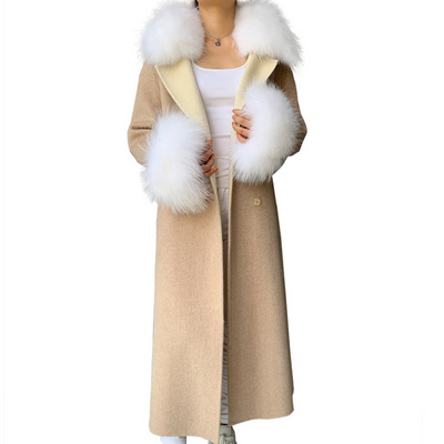 Wholesale Removable Real Fur Cuffs and Collar Long Cashmere and Wool Coat Women Alpaca Wool Coat for Lady