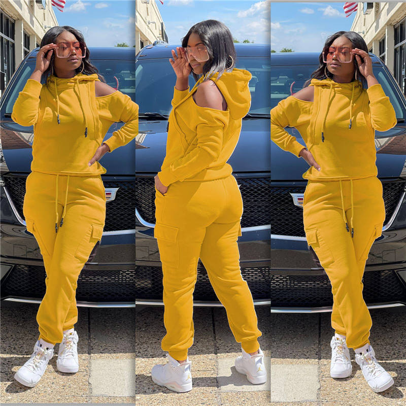 OEM Sweatsuit Women's Long Sleeve Hoodie Off Shoulder Sweatshirt  Cargo Pants Sweatpants 2 Piece Set Women Jogging Suit