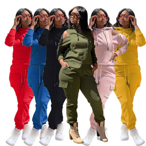 OEM Sweatsuit Women's Long Sleeve Hoodie Off Shoulder Sweatshirt  Cargo Pants Sweatpants 2 Piece Set Women Jogging Suit